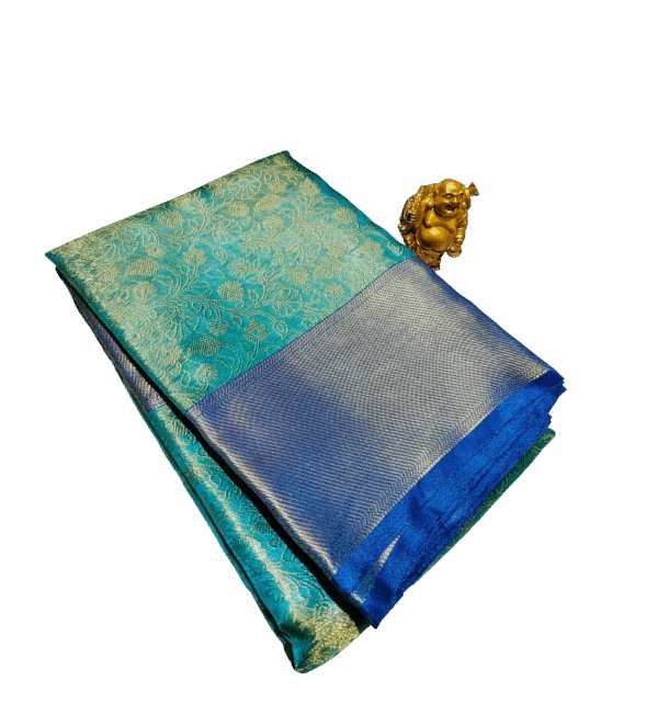 Banarasi Tissue Silk Saree – Peacock Blue Shade with Blouse - Image 4