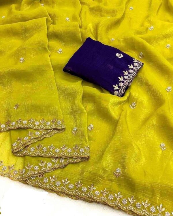 Chiffon Candy Crush Silk With Beautiful Embroidery& Moti Work Scalloped Cut work - Image 9