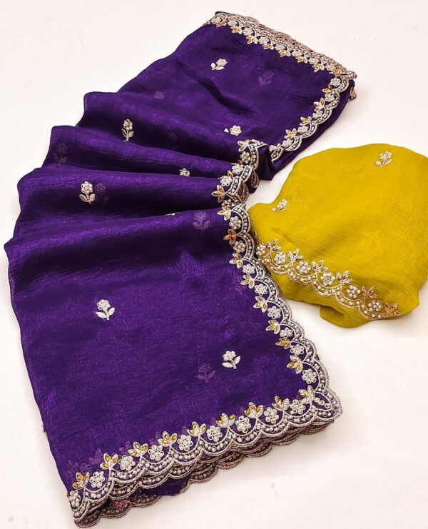 Chiffon Candy Crush Silk With Beautiful Embroidery& Moti Work Scalloped Cut work - Image 8