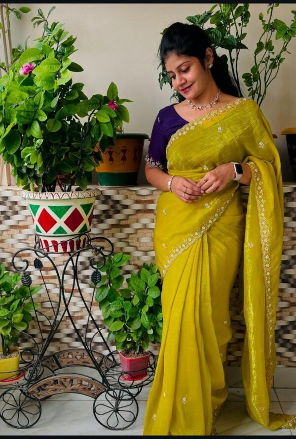 Chiffon Candy Crush Silk With Beautiful Embroidery& Moti Work Scalloped Cut work - Image 6