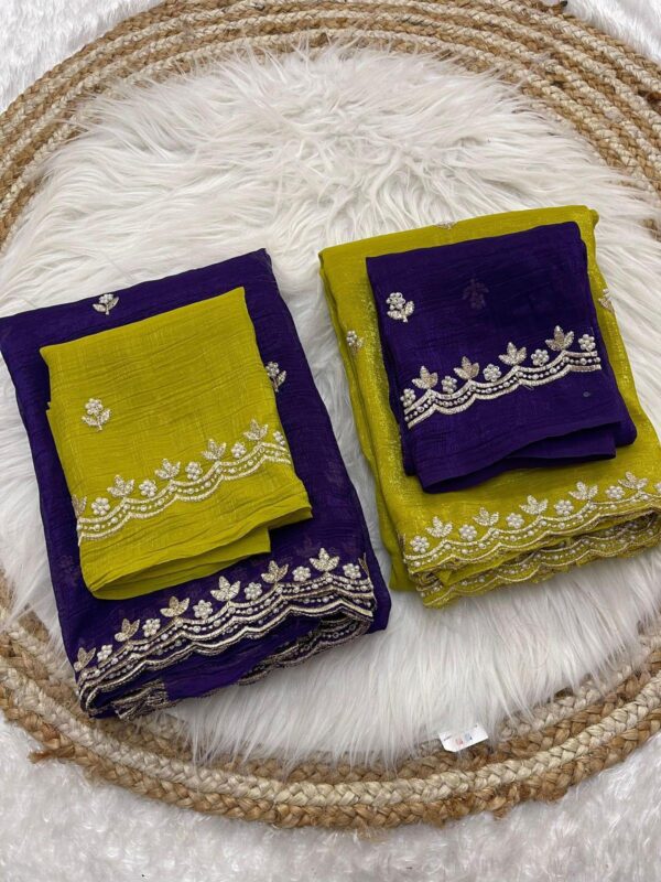 Chiffon Candy Crush Silk With Beautiful Embroidery& Moti Work Scalloped Cut work - Image 4