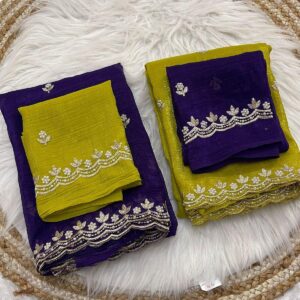 Chiffon Candy Crush Silk With Beautiful Embroidery& Moti Work Scalloped Cut work