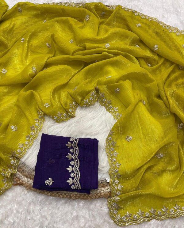 Chiffon Candy Crush Silk With Beautiful Embroidery& Moti Work Scalloped Cut work - Image 3