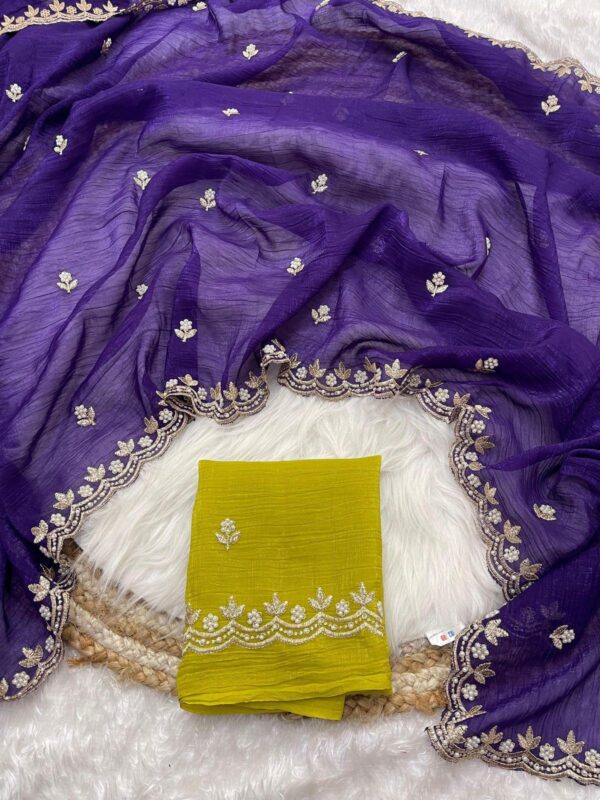 Chiffon Candy Crush Silk With Beautiful Embroidery& Moti Work Scalloped Cut work - Image 2