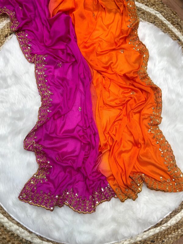 Chinon Silk material - Contrast colour  - Sequence work and embroidery work on both the sides - Image 5