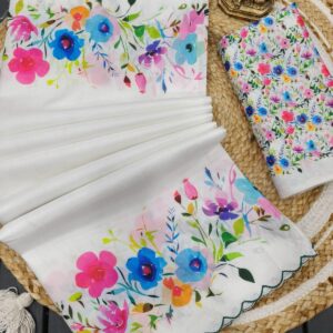 Heavy handloom tussar silk  saree with tulips digital print and arco border allover saree with PERFECTLY MATCHED blouse piece and pallu