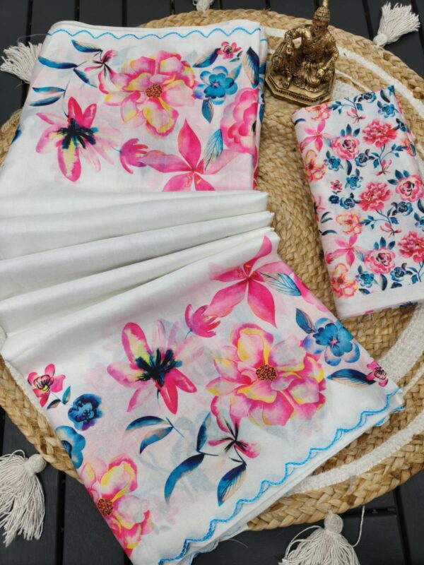 Heavy handloom tussar silk  saree with tulips digital print and arco border allover saree with PERFECTLY MATCHED blouse piece and pallu - Image 7