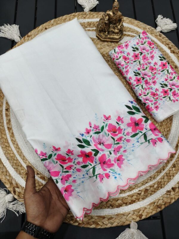 Heavy handloom tussar silk  saree with tulips digital print and arco border allover saree with PERFECTLY MATCHED blouse piece and pallu - Image 6