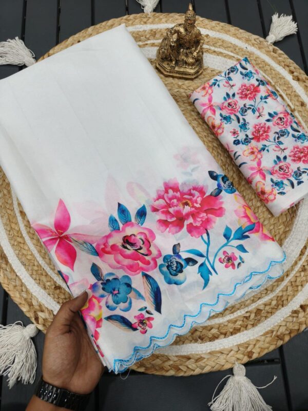 Heavy handloom tussar silk  saree with tulips digital print and arco border allover saree with PERFECTLY MATCHED blouse piece and pallu - Image 5