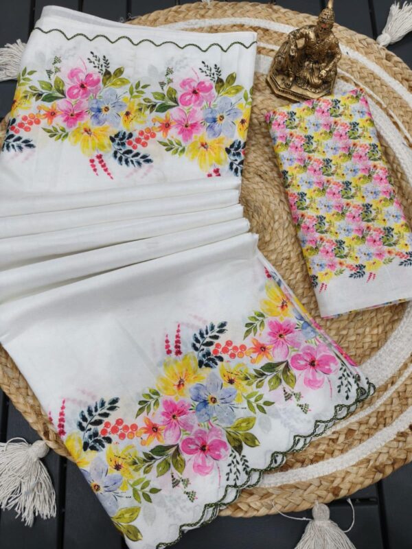 Heavy handloom tussar silk  saree with tulips digital print and arco border allover saree with PERFECTLY MATCHED blouse piece and pallu - Image 4