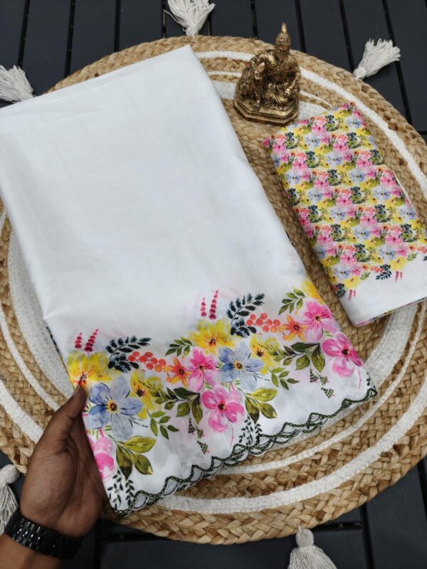 Heavy handloom tussar silk  saree with tulips digital print and arco border allover saree with PERFECTLY MATCHED blouse piece and pallu - Image 3