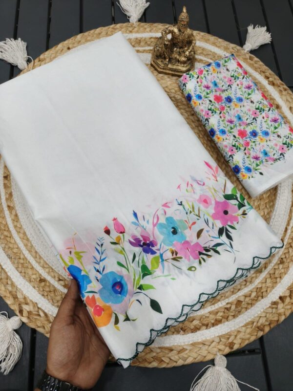 Heavy handloom tussar silk  saree with tulips digital print and arco border allover saree with PERFECTLY MATCHED blouse piece and pallu - Image 2